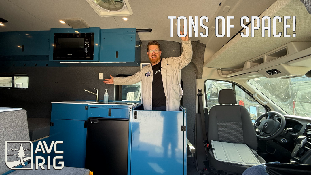 Blue custom aluminum kitchen and shower cabinet installed in a Ford Transit camper van by AVC RIG.