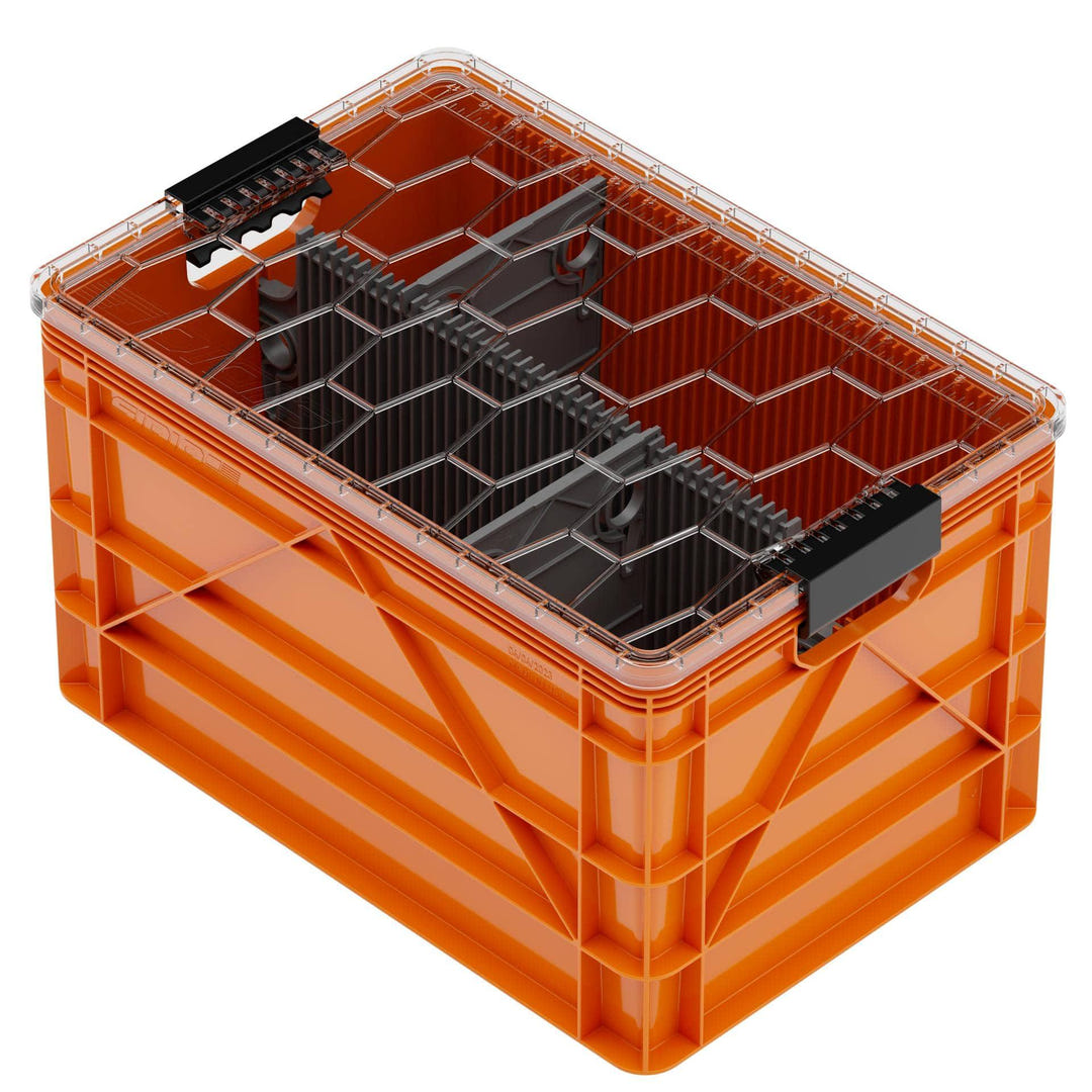 Orange SidioCrate storage bin with a clear lid and internal grey dividers for organized camper van storage.