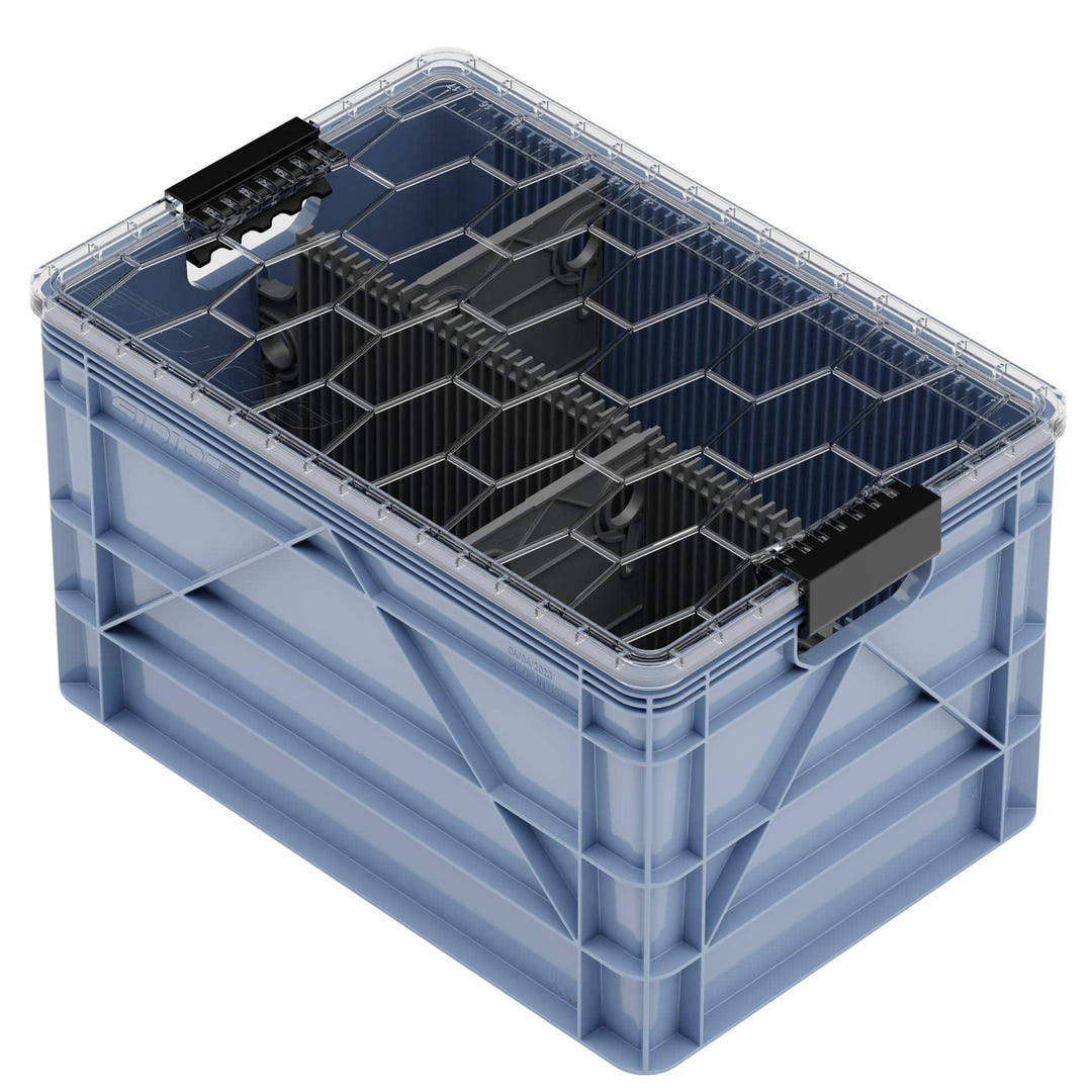 Gray SidioCrate plastic storage bin with clear lid for camper van organization.