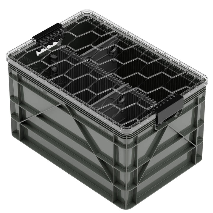 Grey SidioCrate storage bin with a clear lid for camper van organization.