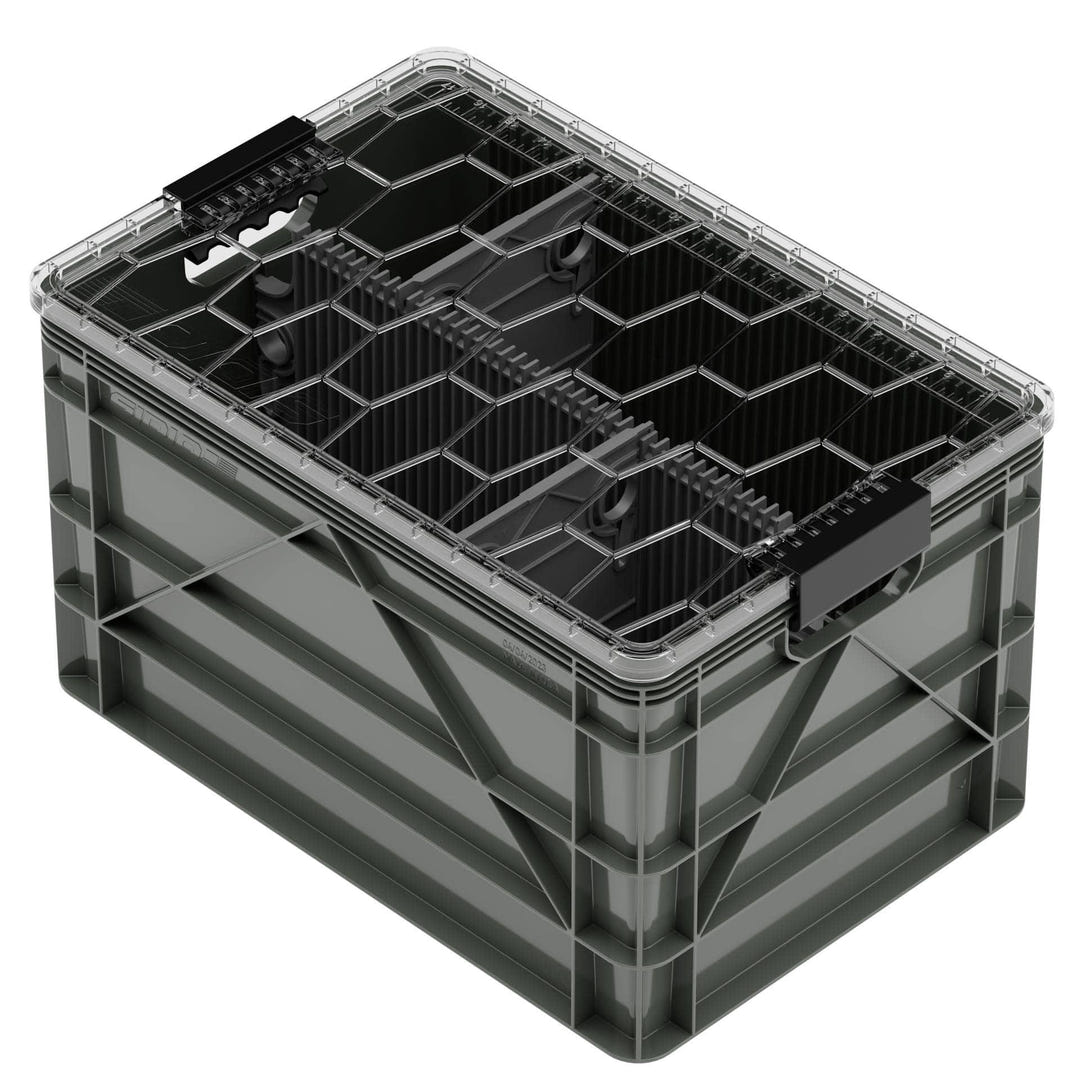 Grey SidioCrate storage bin with a clear lid for camper van organization.