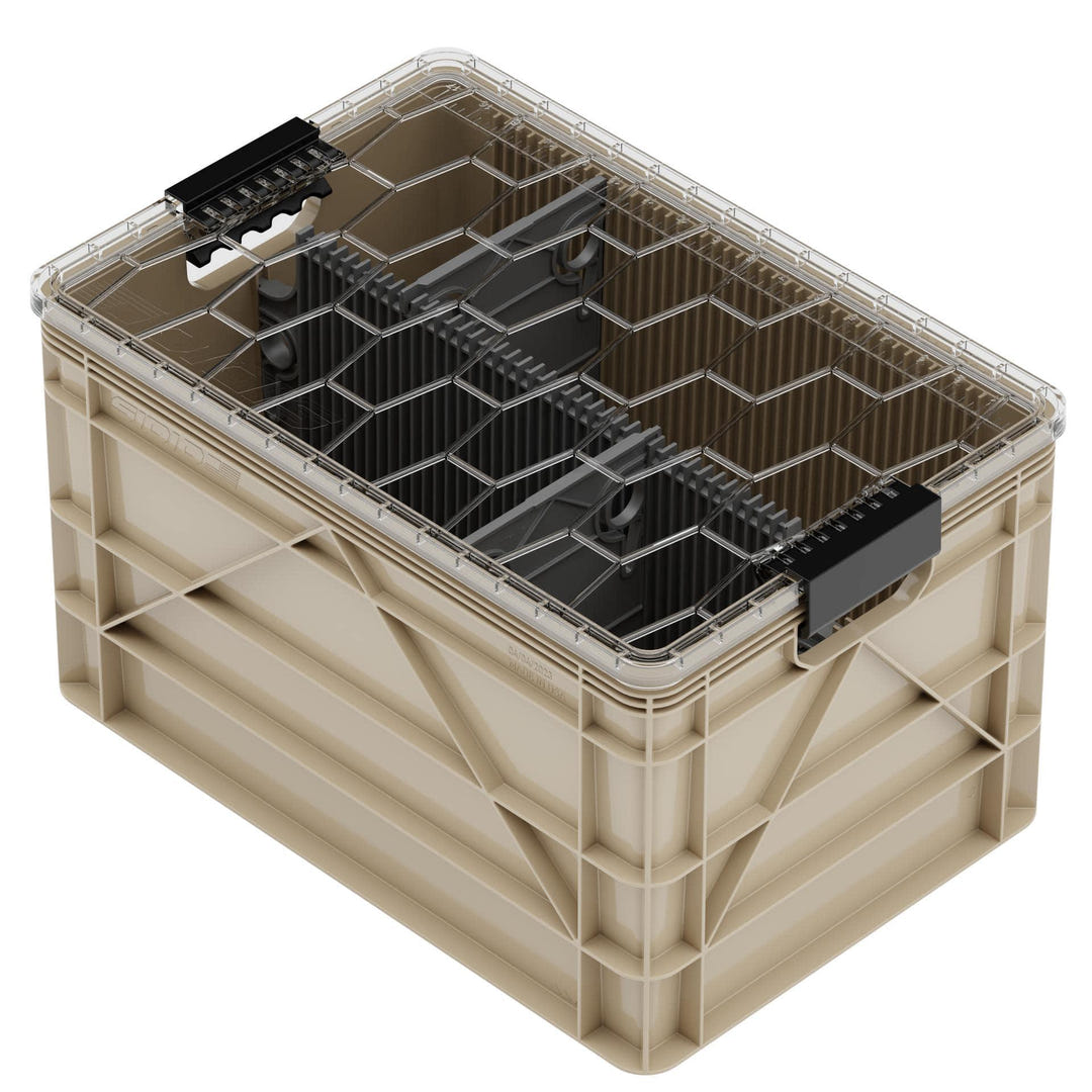 SidioCrate tan storage bin with clear lid and black dividers for camper van organization.