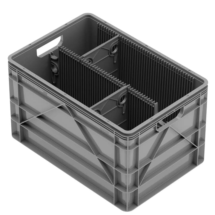 Grey SidioCrate full size plastic storage bin with internal dividers for camper van organization.