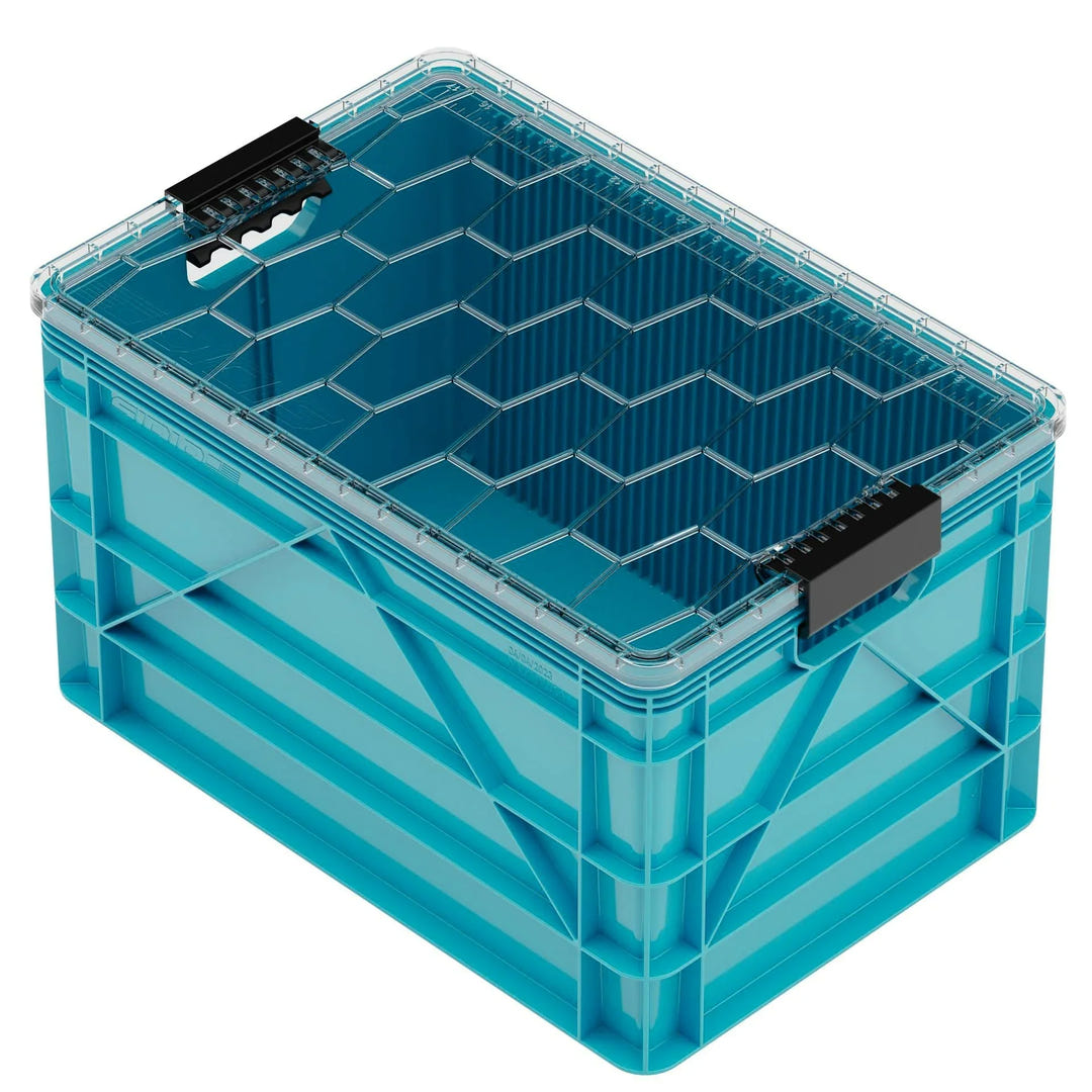 Blue SidioCrate heavy-duty plastic storage bin for camper van organization.