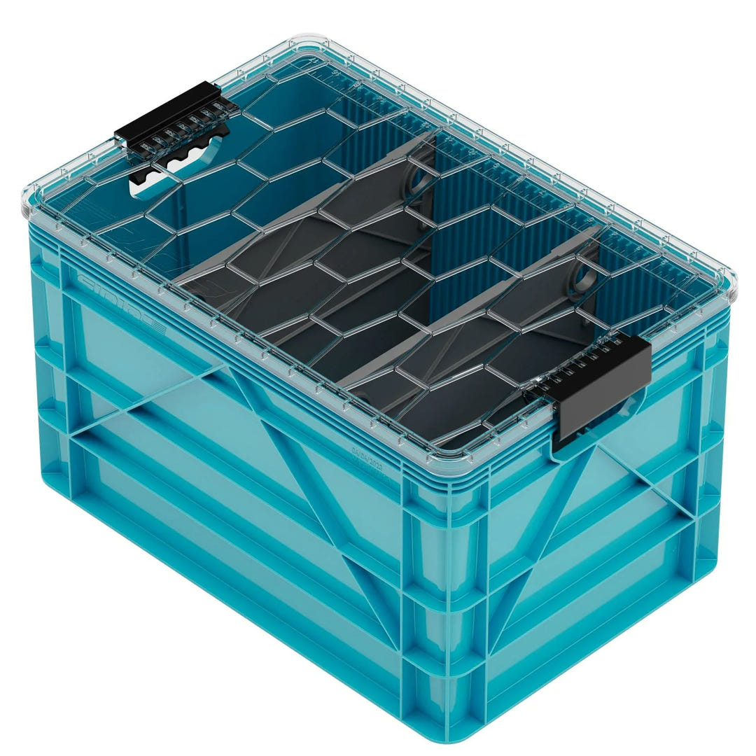 Blue SidioCrate storage bin for camper vans, featuring a clear lid and black handles.