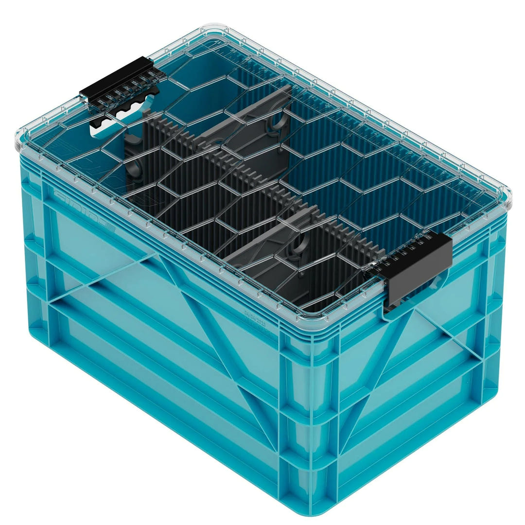 Blue SidioCrate full size plastic storage bin with black internal dividers and lid latches.