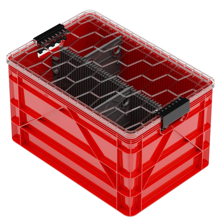Red SidioCrate full size storage bin with clear lid and internal dividers