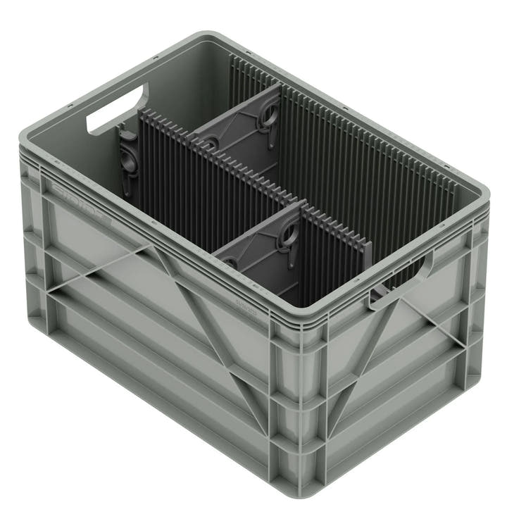 Grey SidioCrate heavy-duty plastic storage bin with internal dividers for camper van organization.