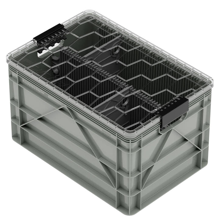 Grey SidioCrate heavy-duty storage bin with a clear lid for camper van organization.