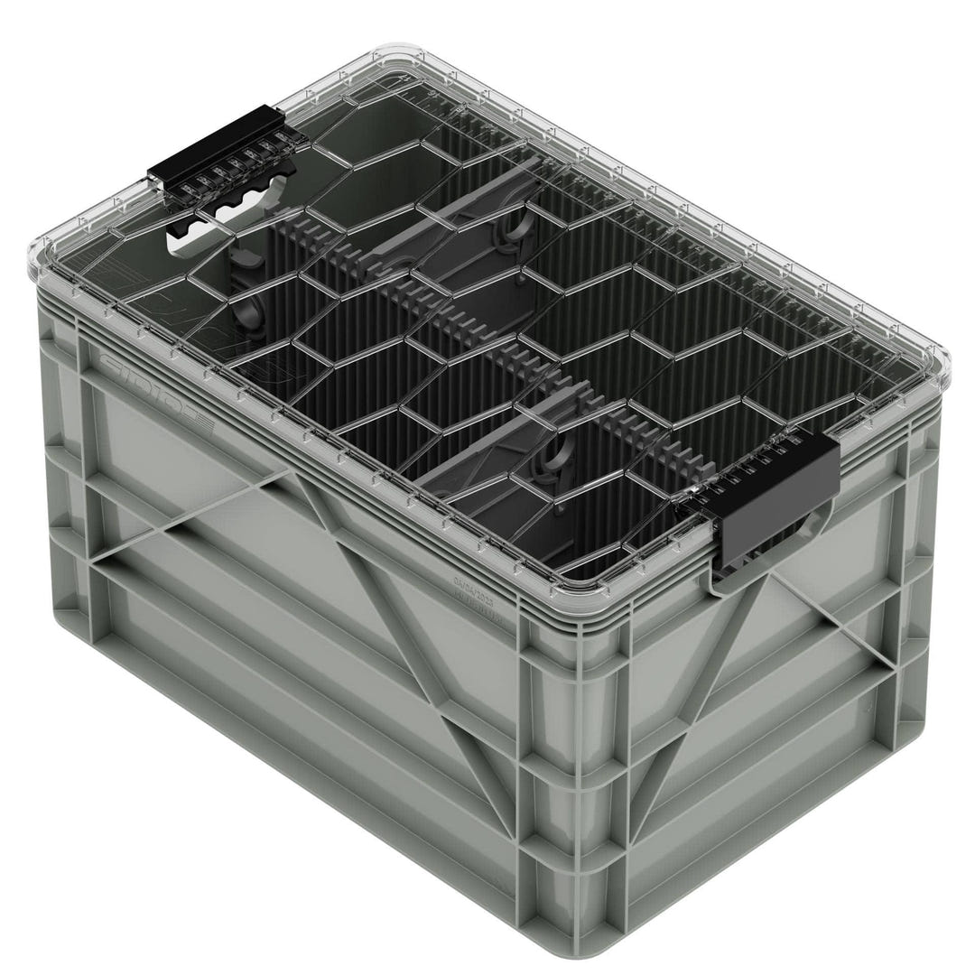 Grey SidioCrate heavy-duty storage bin with a clear lid for camper van organization.