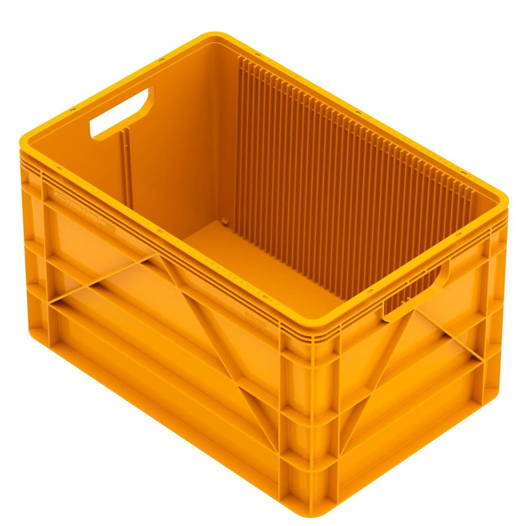 Full size SidioCrate orange plastic storage crate for camper van organization.