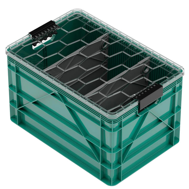 Full size SidioCrate green plastic storage crate for camper vans with black secure latches