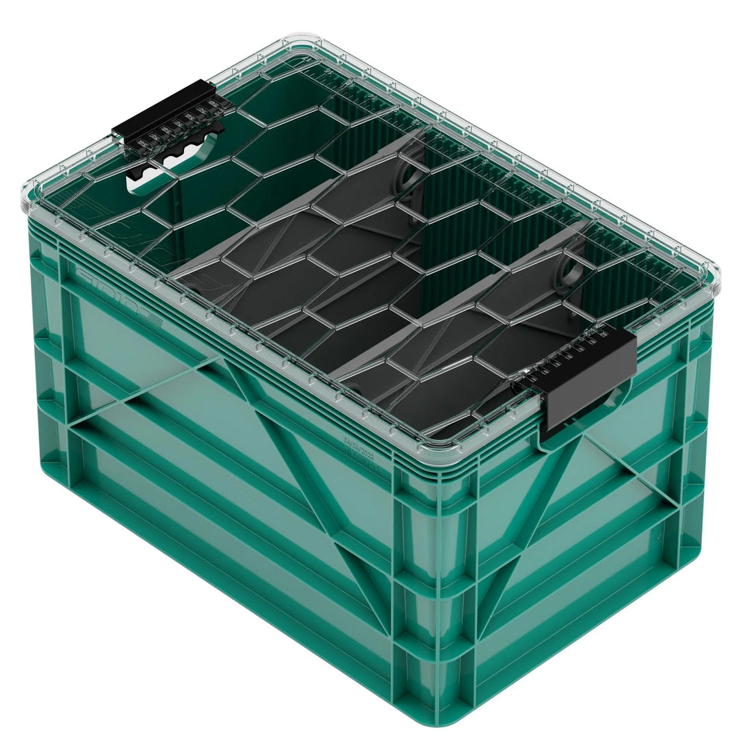 Full size SidioCrate green plastic storage crate for camper vans with black secure latches