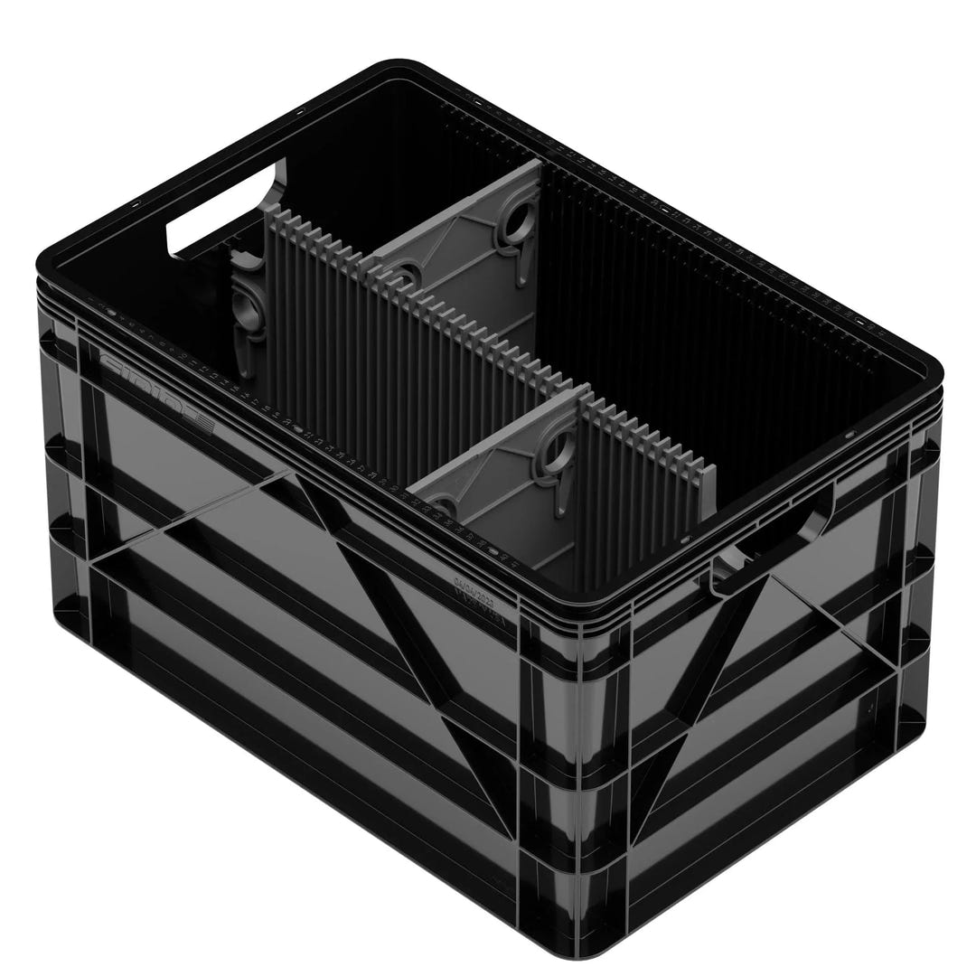 Black SidioCrate full size storage container for camper van organization.