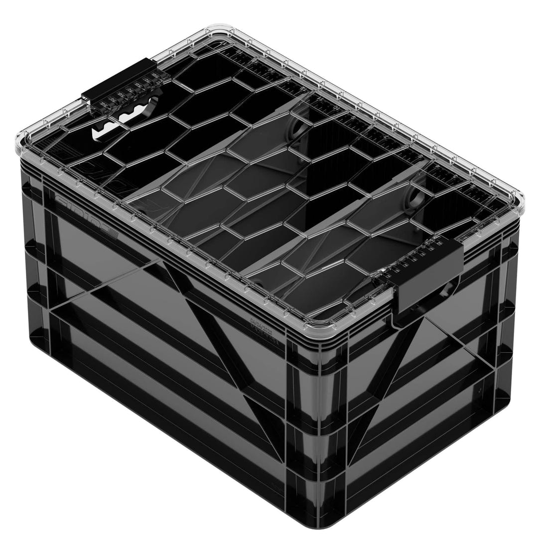 Black SidioCrate heavy-duty storage bin for camper van organization.