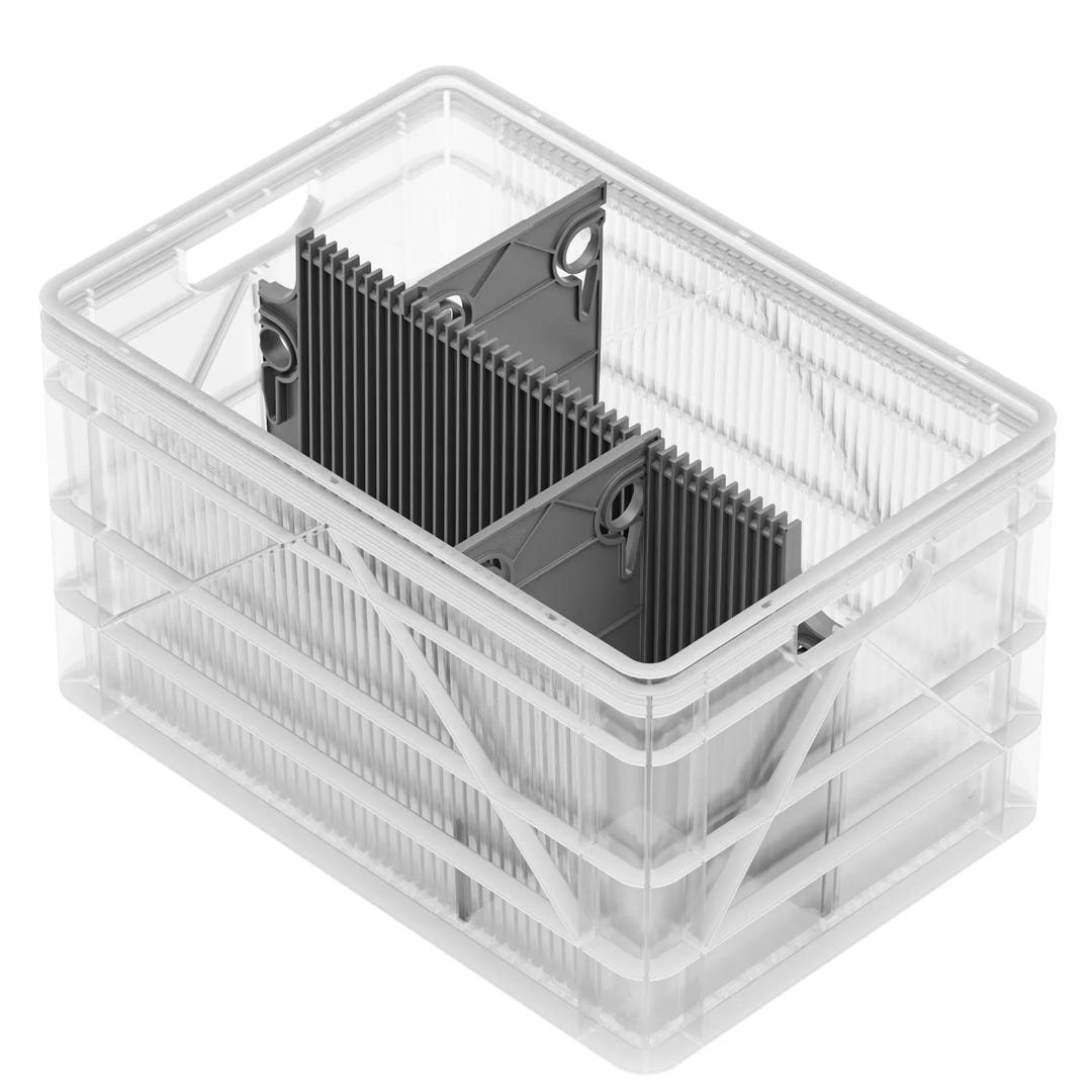 Black SidioCrate divider insert inside a clear plastic storage crate from AVC RIG.