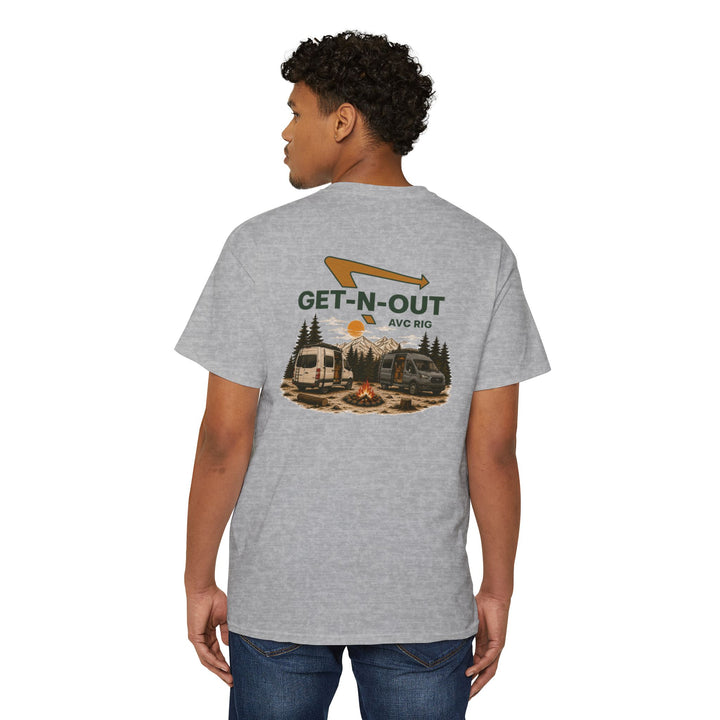 Getting out pocket tee.