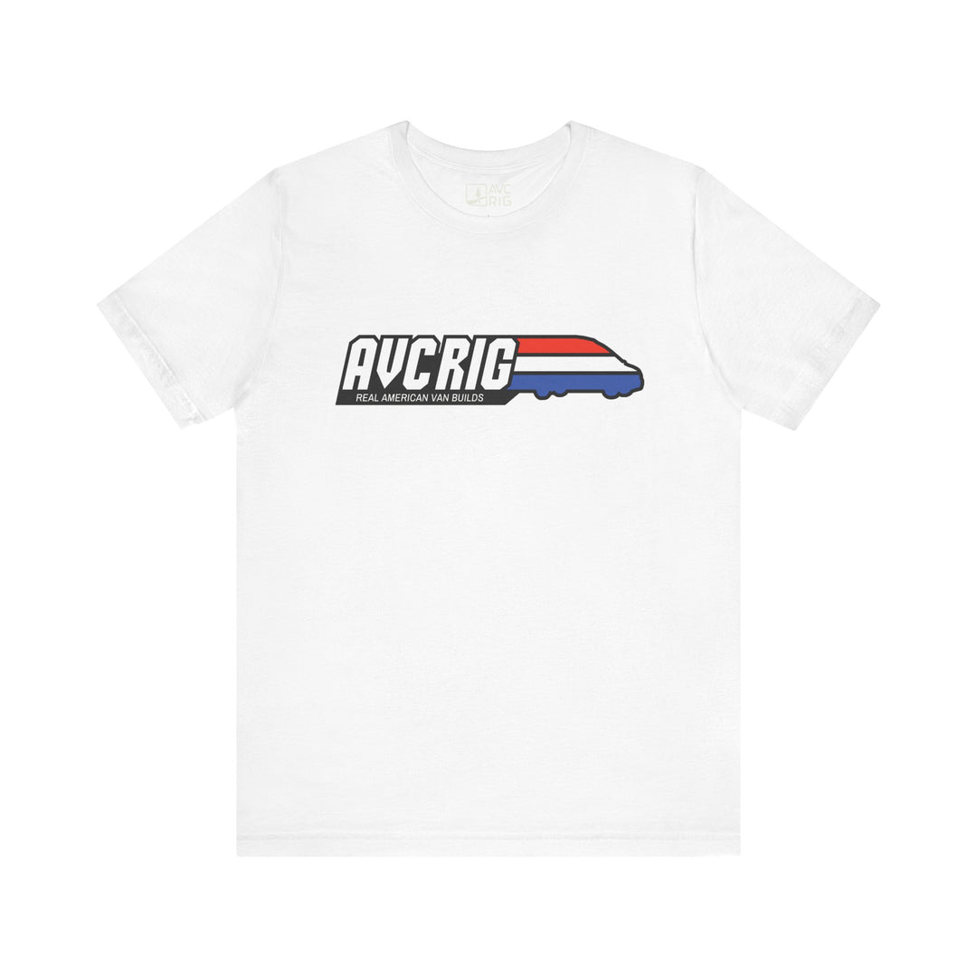 Real American van builds tee - Solids- Gi Joe theme, AVC RIG logo tee, Red, white, and blue stripe.