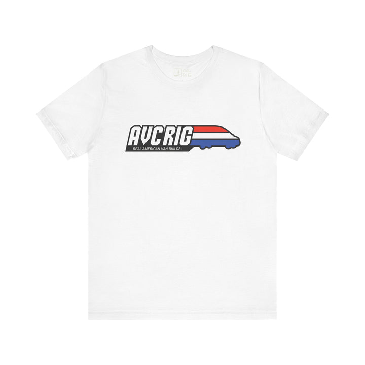 Real American van builds tee - Solids- Gi Joe theme, AVC RIG logo tee, Red, white, and blue stripe.