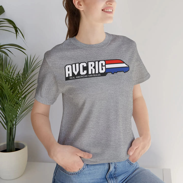 Real American van builds tee - Solids- Gi Joe theme, AVC RIG logo tee, Red, white, and blue stripe. - AVC RIG
