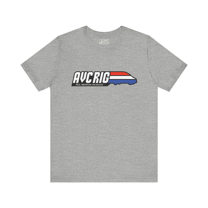Real American van builds tee - Solids- Gi Joe theme, AVC RIG logo tee, Red, white, and blue stripe.