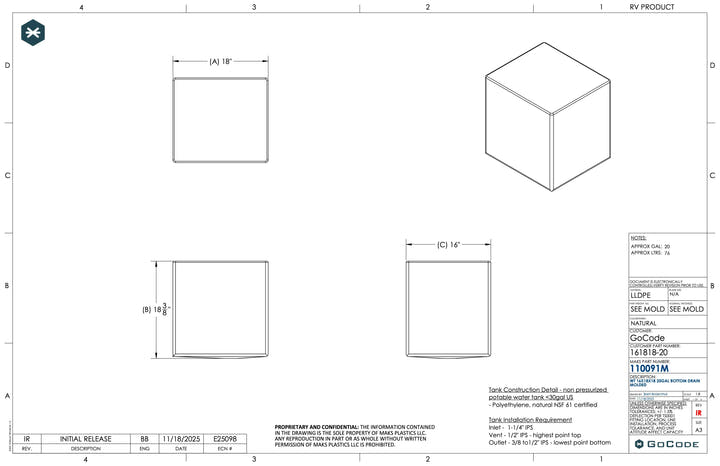 20-Gallon Galley Water Tank (Fresh/Grey) - AVC RIG
