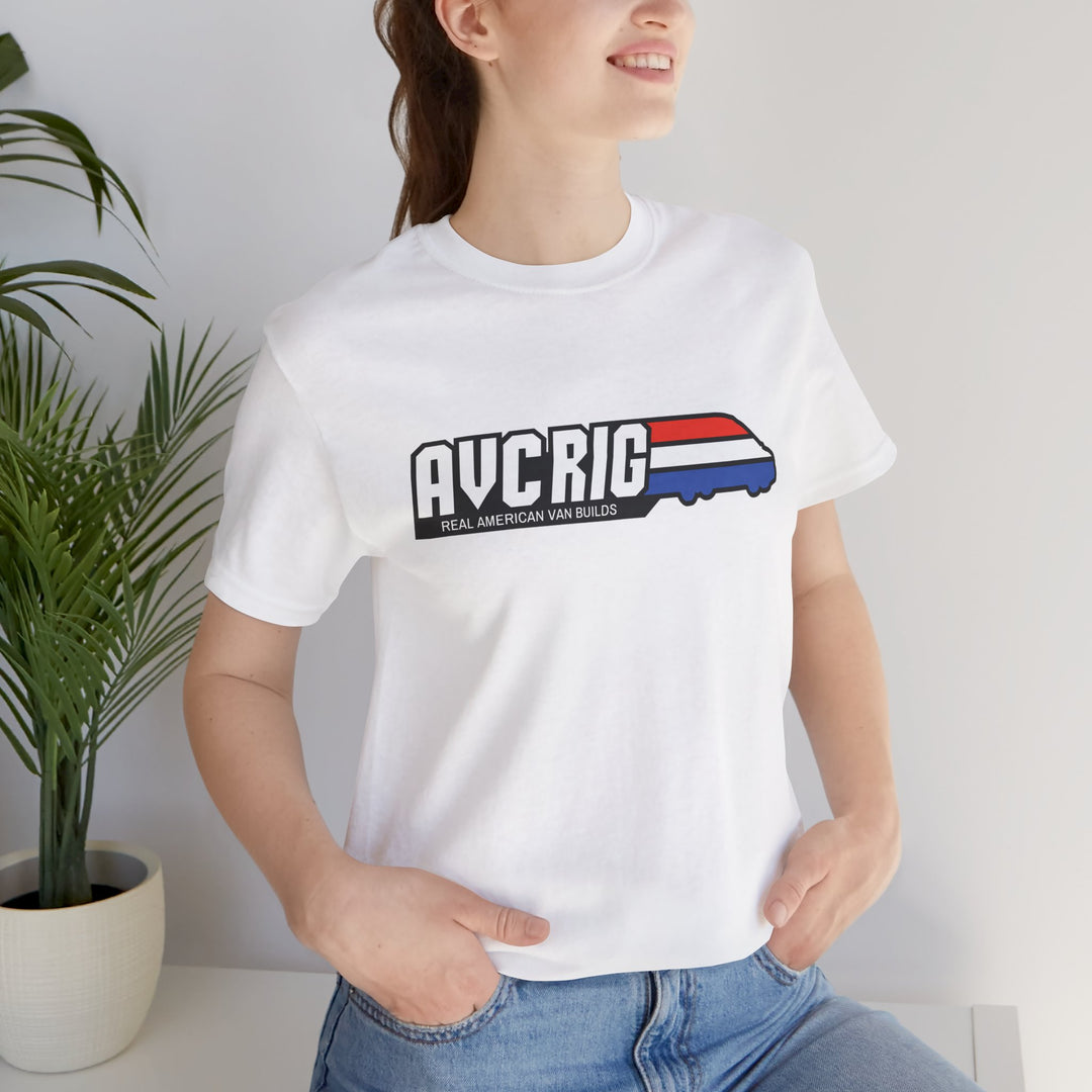 Real American van builds tee - Solids- Gi Joe theme, AVC RIG logo tee, Red, white, and blue stripe.