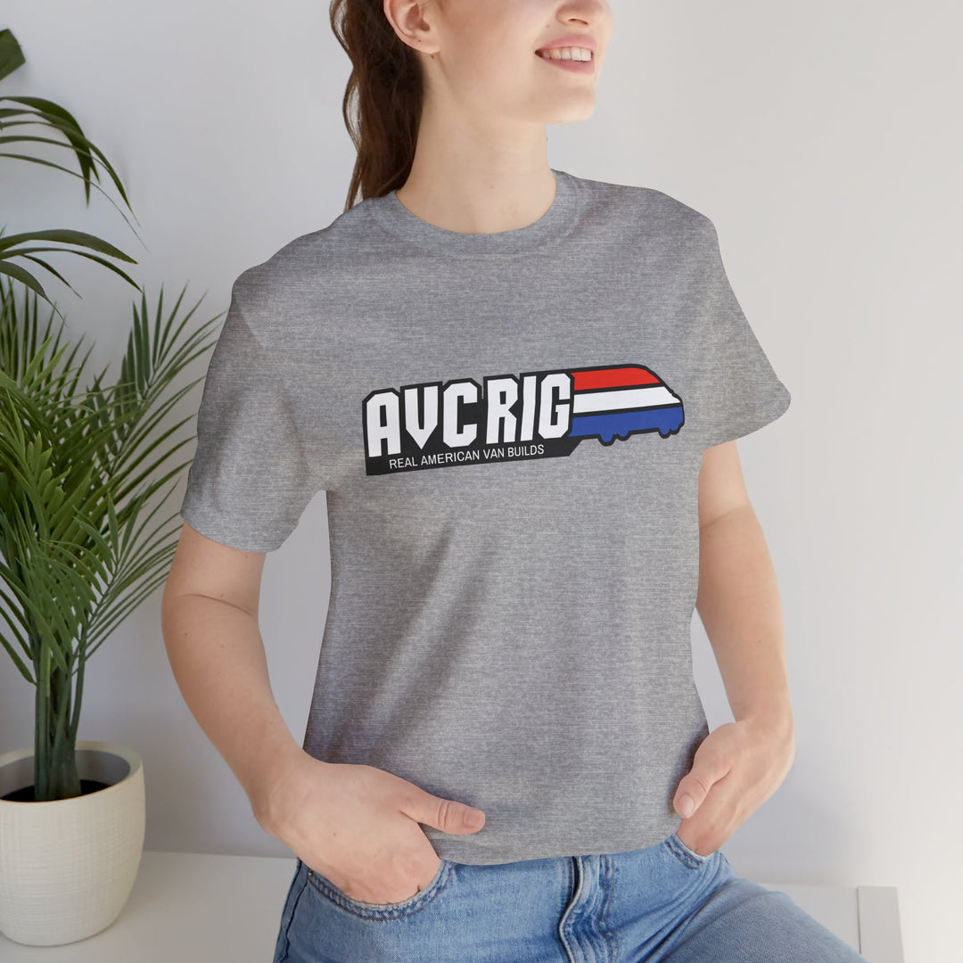Real American van builds tee - Solids- Gi Joe theme, AVC RIG logo tee, Red, white, and blue stripe.