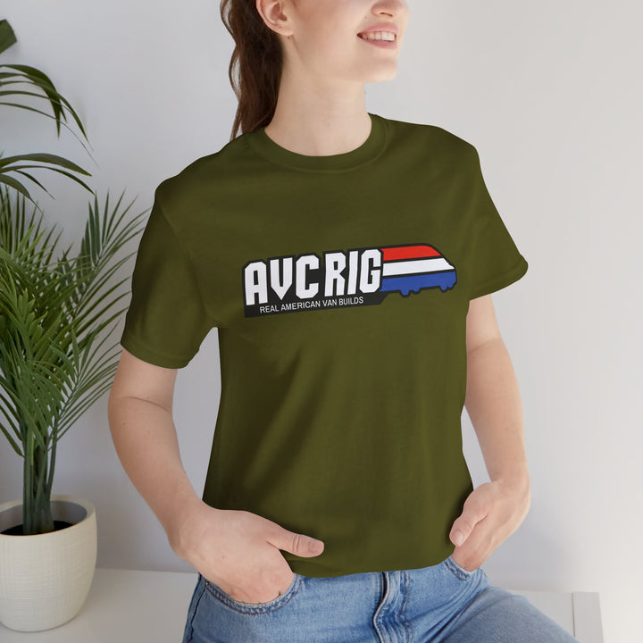 Real American van builds tee - Solids- Gi Joe theme, AVC RIG logo tee, Red, white, and blue stripe.