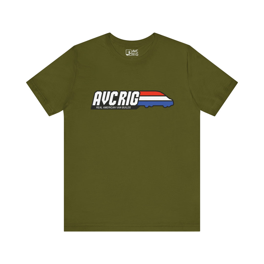 Real American van builds tee - Solids- Gi Joe theme, AVC RIG logo tee, Red, white, and blue stripe.