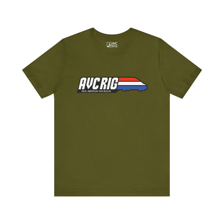 Real American van builds tee - Solids- Gi Joe theme, AVC RIG logo tee, Red, white, and blue stripe.