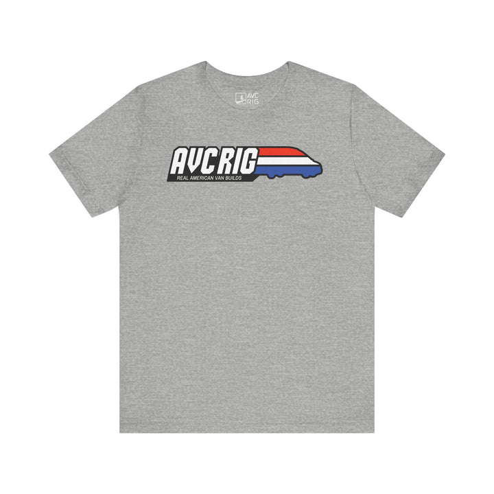 Real American van builds tee - Solids- Gi Joe theme, AVC RIG logo tee, Red, white, and blue stripe.