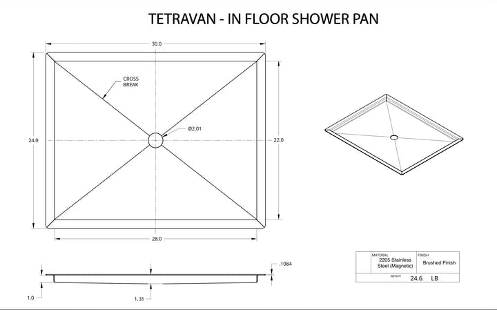 Tetravan In-Floor Shower Pan STAINLESS STEEL - AVC RIG
