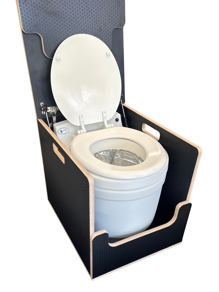 Laveo Dry Flush Portable Waterless Toilet Bamboo Lift top Cabinet Flat Pack Kit - AVC RIG