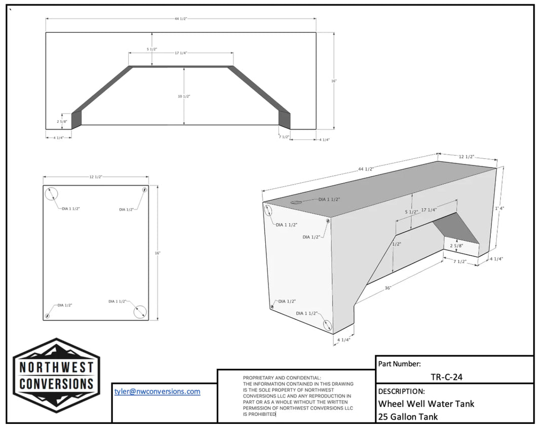 NW Conversions 25 Gallon Ford Transit Wheel Well Water Tank - Center (TR-C-24)