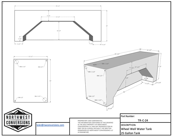 NW Conversions 25 Gallon Ford Transit Wheel Well Water Tank - Center (TR-C-24)