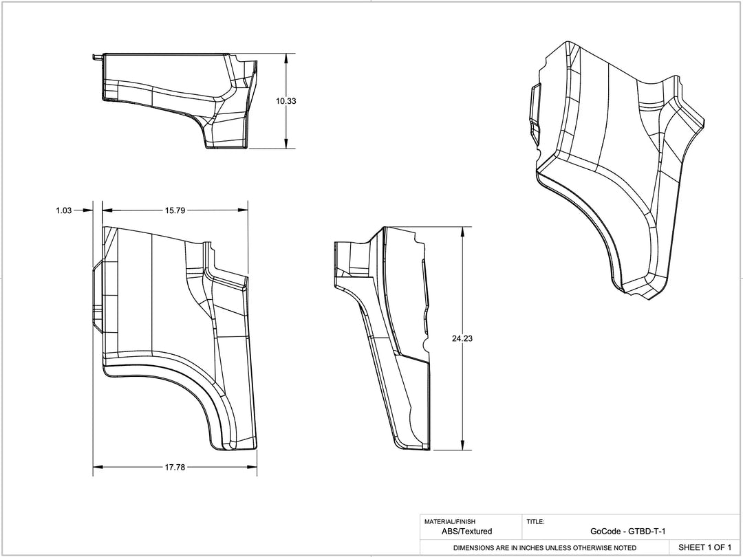 GoCode Ford Transit High Roof B Pillar Driver panel in textured ABS plastic with technical dimensions.