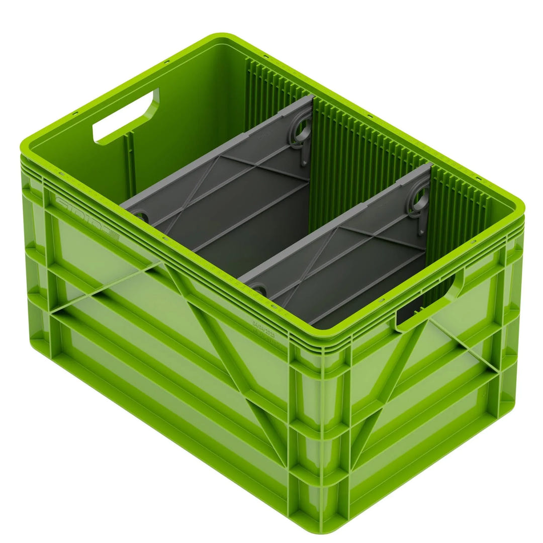 Green SidioCrate storage bin for camper van organization.