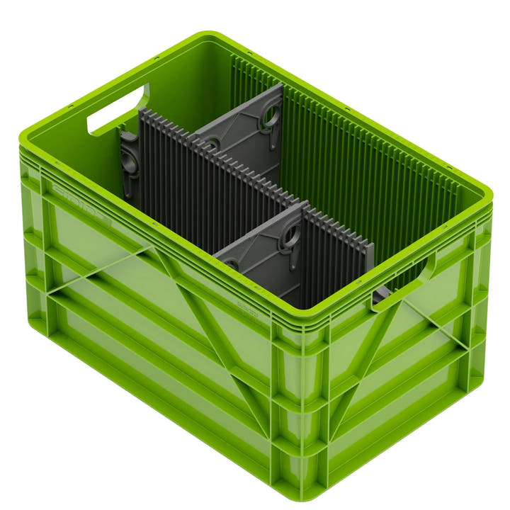 Green SidioCrate divider system for camper van organization, featuring black plastic dividers inside a green bin.