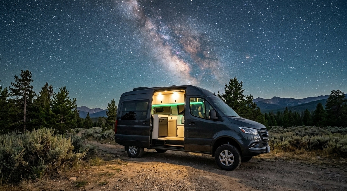 Mercedes Sprinter camper van with lit interior parked under the Milky Way