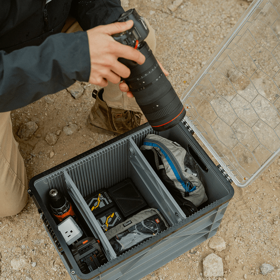 Camera gear organized in a SIDIO storage crate