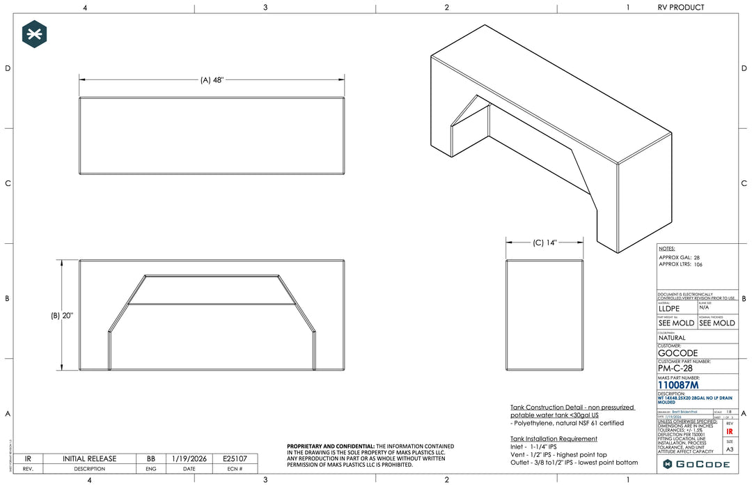 28-Gallon Dodge Promaster Wheel Well Water Tank - Center (PM-C-28) - AVC RIG