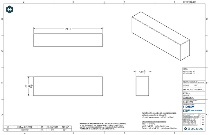 NW Conversions 20 Gallon Driver Side Transit Undercarriage Water Tank (TR-UC-20) - AVC RIG