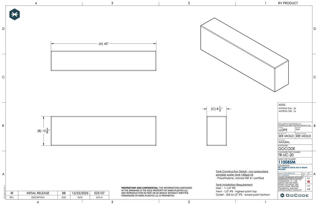 NW Conversions 20 Gallon Driver Side Transit Undercarriage Water Tank (TR-UC-20) - AVC RIG